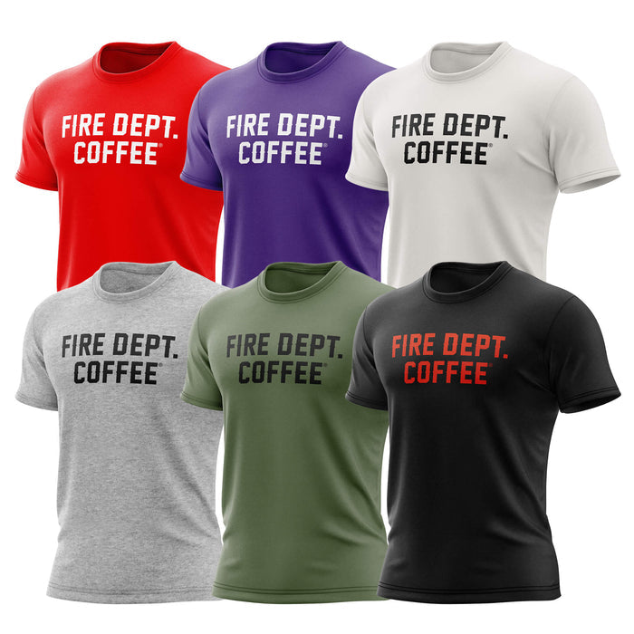 Six t-shirts in red, purple, vintage white, heather gray, military green, and black with  'FIRE DEPT. COFFEE' text in various colors on a white background.