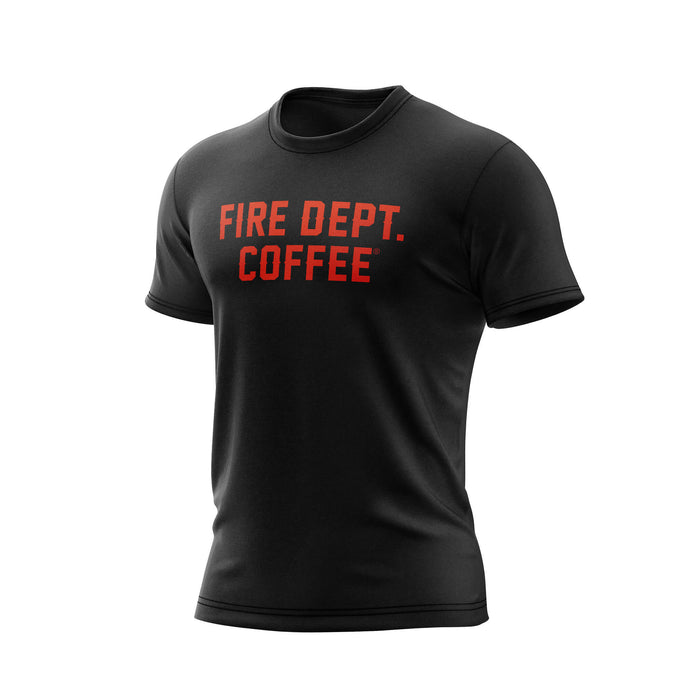 A black t-shirt with 'FIRE DEPT. COFFEE' text in red on a white background