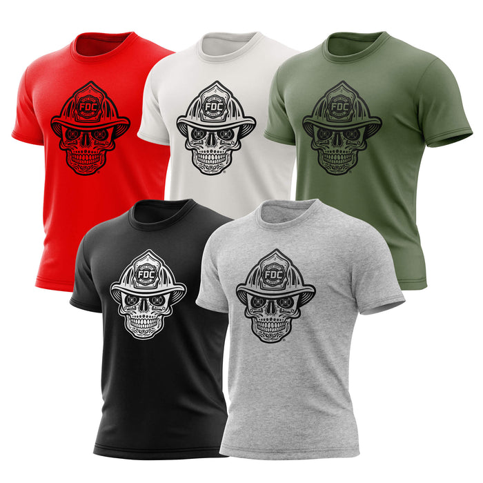Five t-shirts with skull designs wearing firefighter hats in red, vintage white, military green, black, and heather gray.