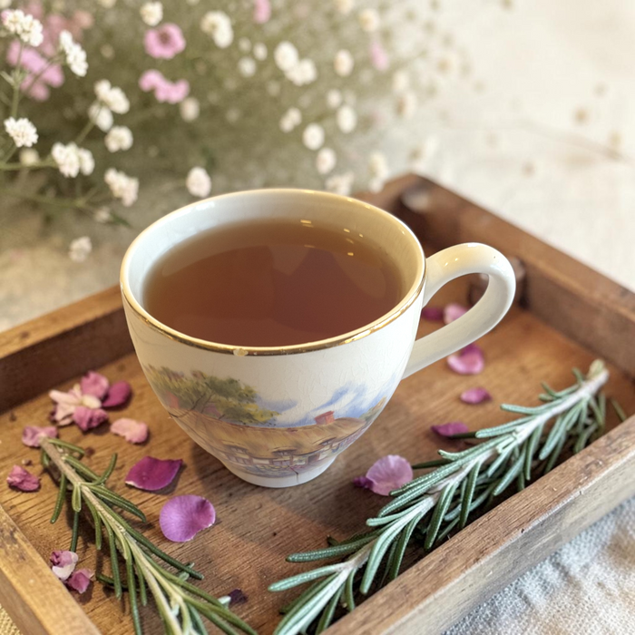 focus tea blend with flowers and greenery on a wooden tray