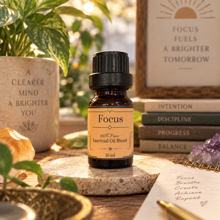 Focus essential oil diffuser blend on a wooden surface