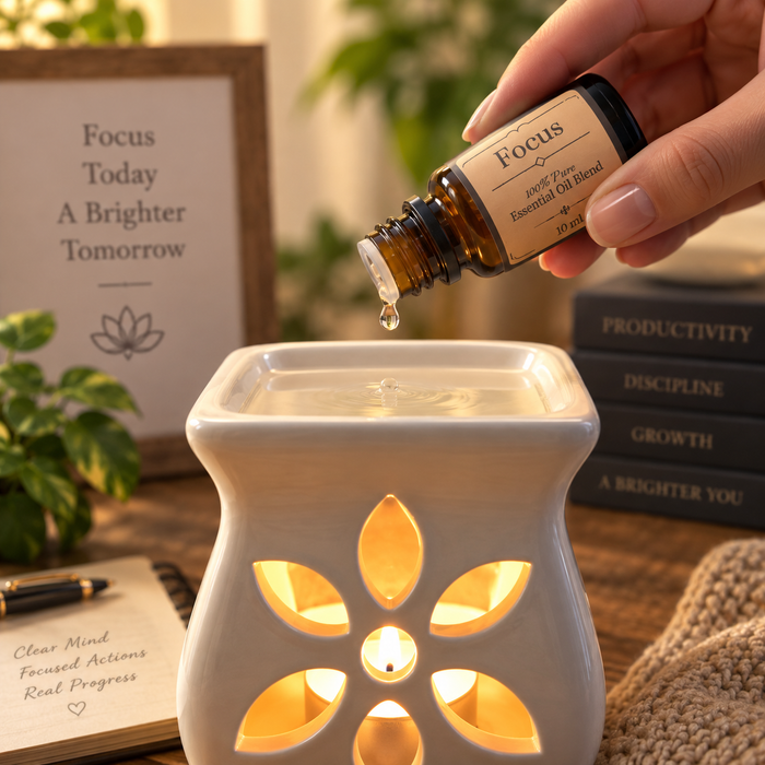 Focus essential oil diffuser blend being added to an essential oil burner on a wooden surface