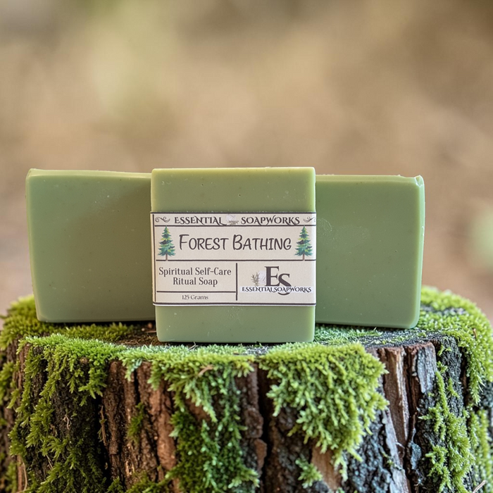 forest bathing ritual soap on a mossy tree stump with a brown background