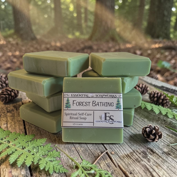 Five bars of sage green ritual soap stacked on a rustic wooden surface outdoors, with pinecones and green leaves in the foreground and a blurred forest background. The front bar has a white label reading 'ESSENTIN SOAPWORKS Forest Bathing Spiritual Self-Care Ritual Soap'.