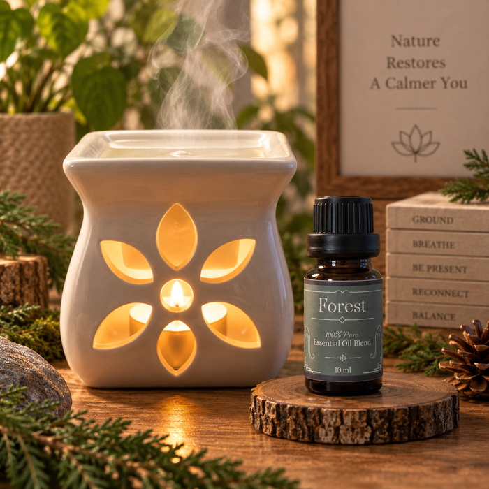 Forest essential oil diffuser blend on a wooden surface alongside an essential oil burner