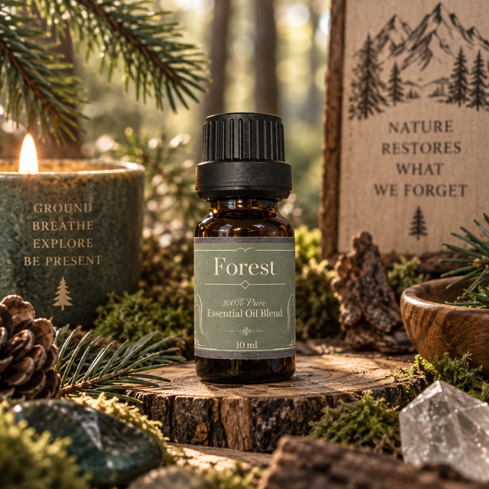 Forest essential oil diffuser blend on a wooden surface alongside a candle and surrounded by pine needles and pine cones