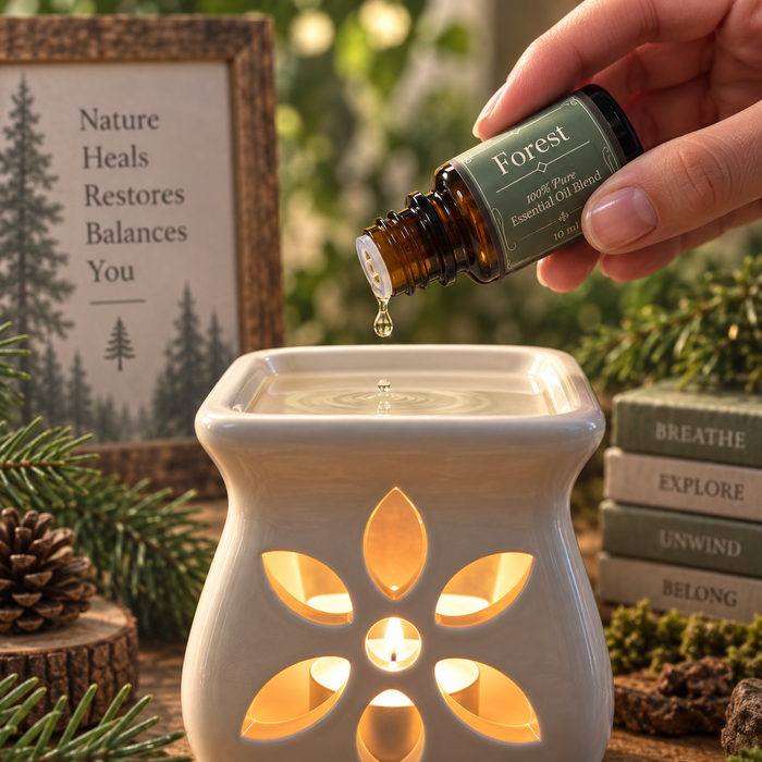 Forest essential oil diffuser blend being poured into an essential oil burner with pine trees in the background