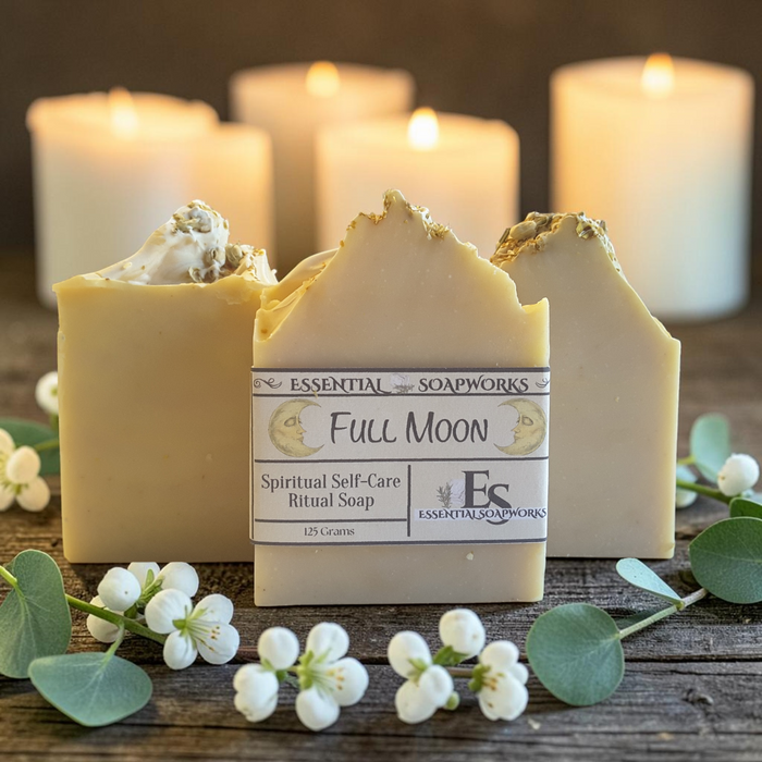 Three bars of handmade ritual soap from Essential Soapworks, with the center bar labeled 'Full Moon Spiritual Self-Care Ritual Soap,' arranged on a rustic wooden surface with white flowers, green leaves, and blurred lit candles in the background.