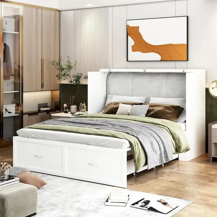 Full Size Murphy Bed Chest with Drawers for Home Office or Small Room