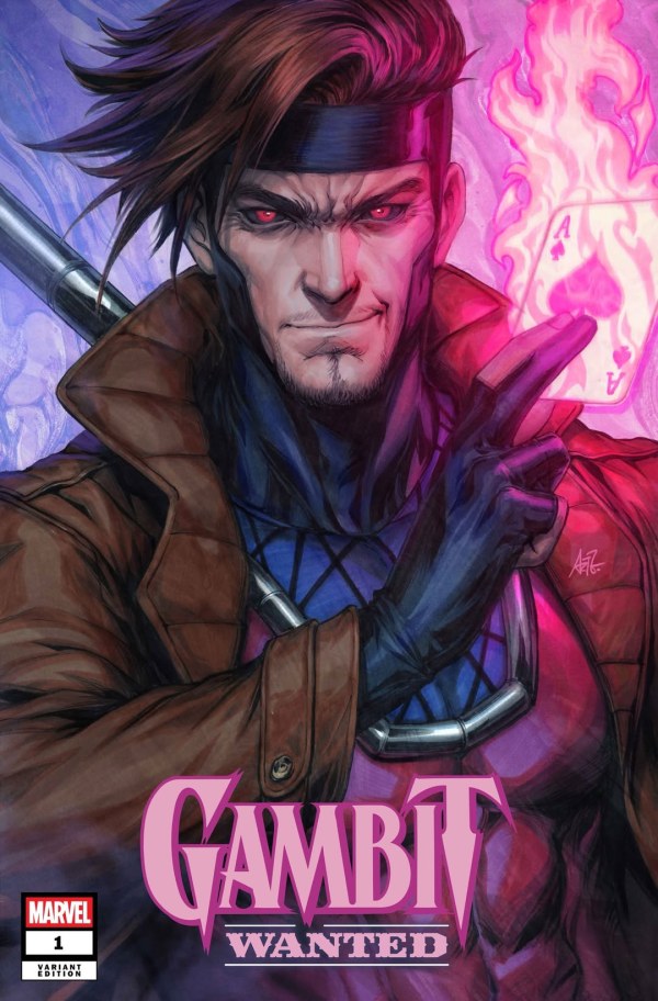 Comic book cover featuring a character with a fiery glove and the text 'Gambit Wanted' on a purple background.