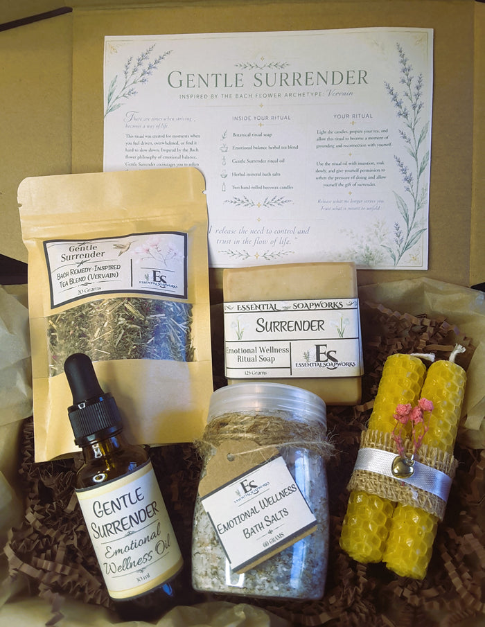 Gentle Surrender Emotional Balance Ritual Kit with tea blend, bath salts, candle, soap and essential oil