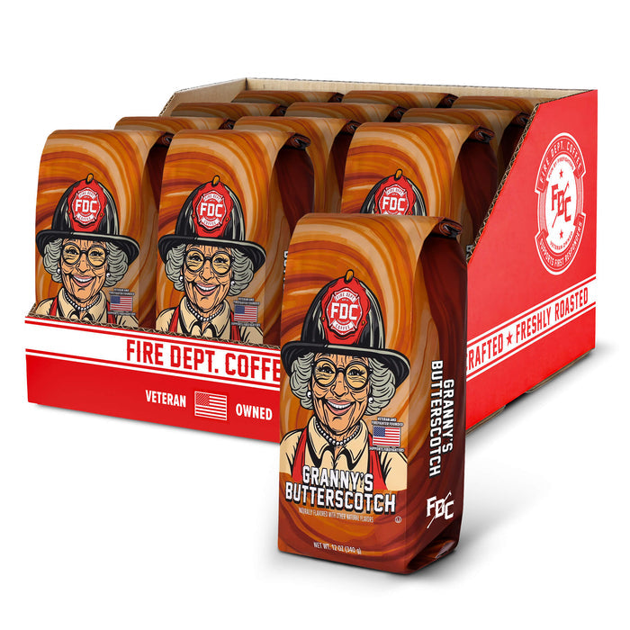 Packaging of Granny's Butterscotch Fire Dept. Coffee with cartoon character on a white background