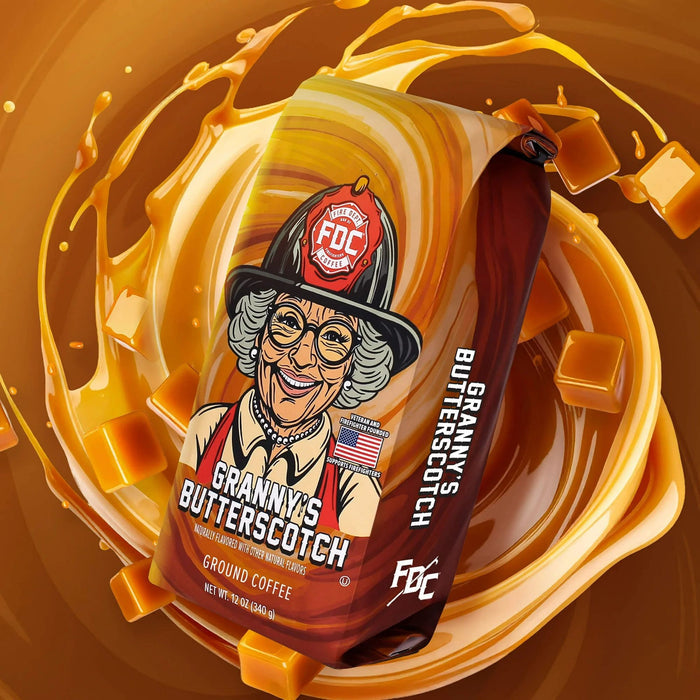 Granny's Butterscotch coffee bag with a cartoon character on an orange and brown swirl background