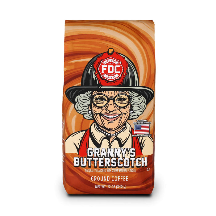Granny's Butterscotch packaging with a cartoon grandma character and FDC logo on an orange swirl background.