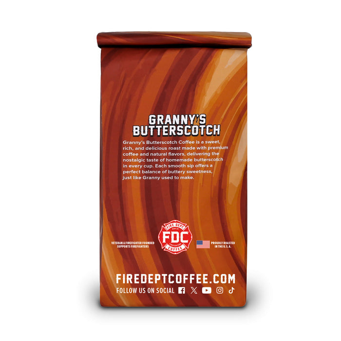 Granny's Butterscotch coffee bag with FDC logo on a white background