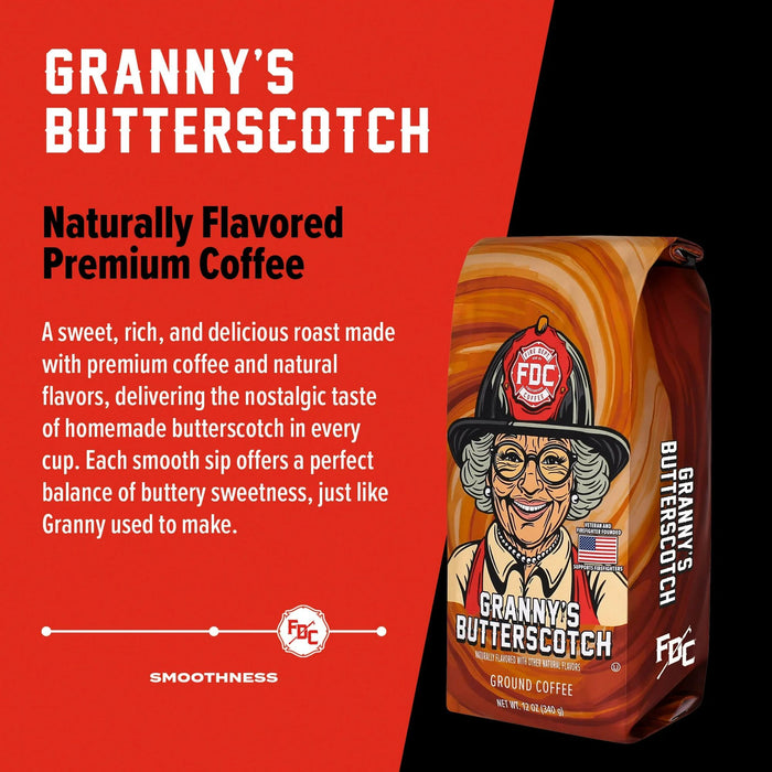 Granny's Butterscotch coffee package with branding and product description on a red background