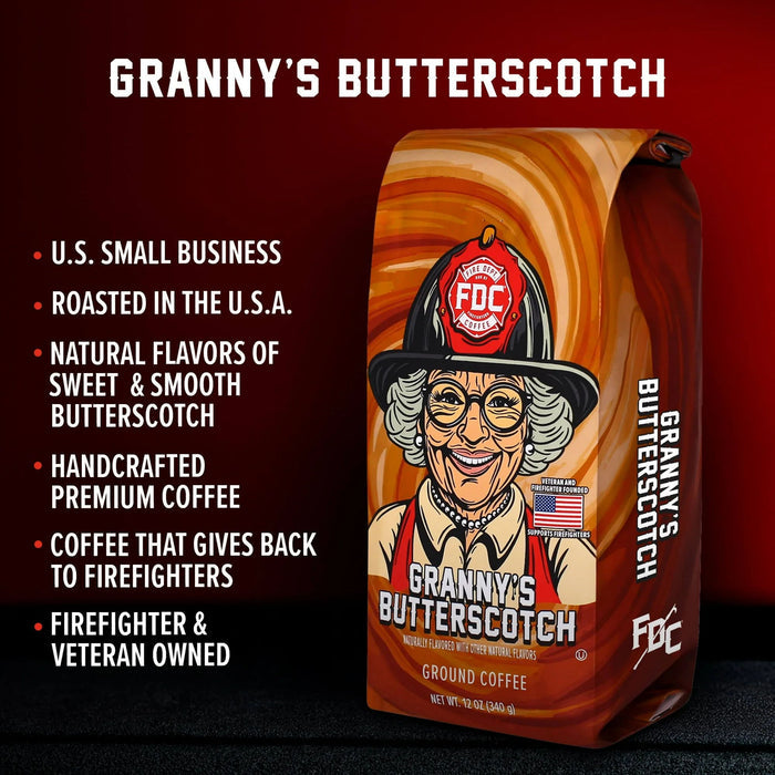 Granny's Butterscotch coffee bag with a firefighter graphic on a dark background