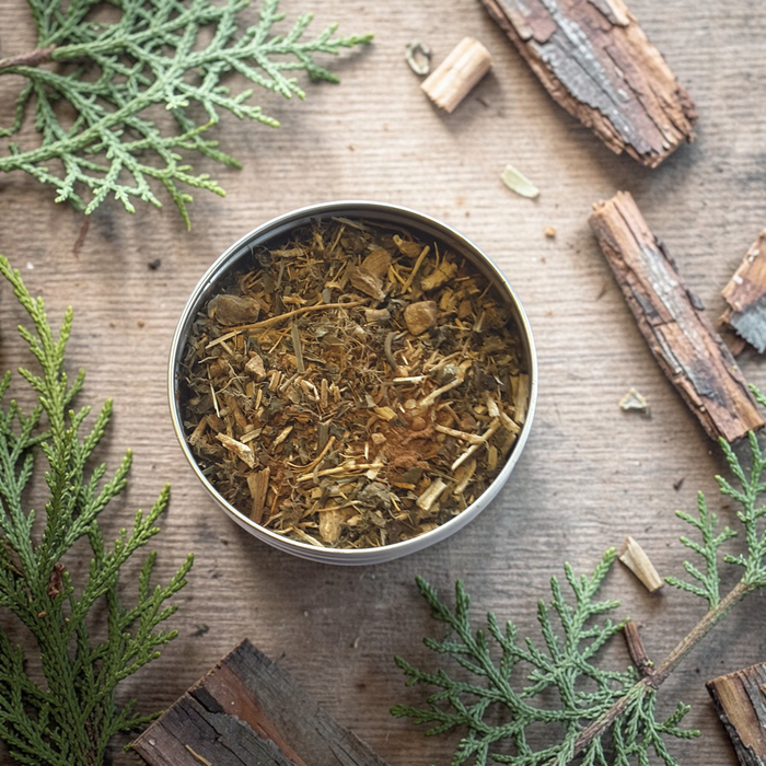 Metal tin filled with Grounding incense on a wooden surface with green leaves and wood pieces.