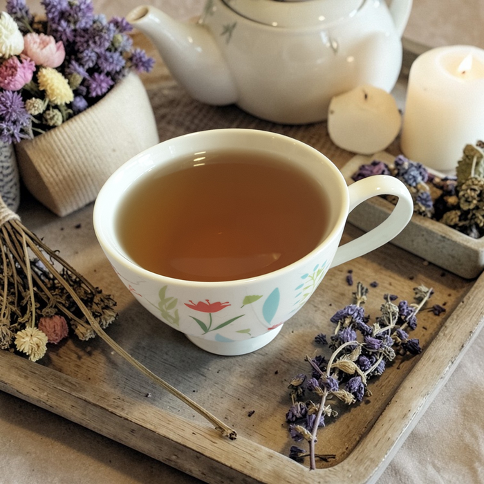 Heartfelt emotional wellness tea on a wooden tray with teapot, flowers, and candles.