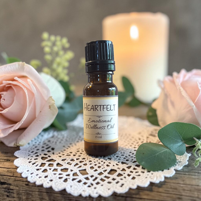 Heartfelt Emotional Wellness Oil on a doily on a wooden surface with pink roses and candles