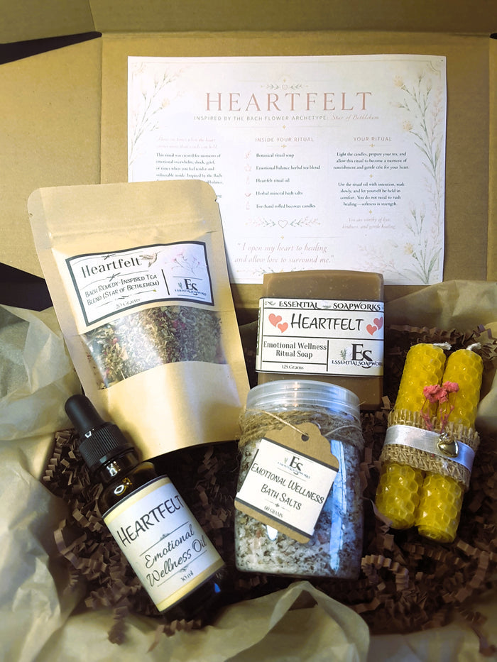 Heartfelt Emotional Balance Ritual Kit with soap, bath salts, tea blend and candles