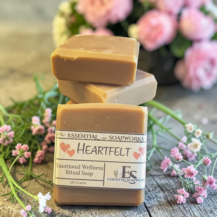 Heartfelt Emotional Wellness Soap on a wooden surface with pink flowers in the background