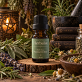 Herbalist witchy diffuser blend  on a wooden surface with chamomile, lavender, rosemary and sage with a candle and stacked books in the background
