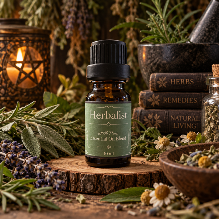 Herbalist witchy diffuser blend  on a wooden surface with chamomile, lavender, rosemary and sage with a candle and stacked books in the background