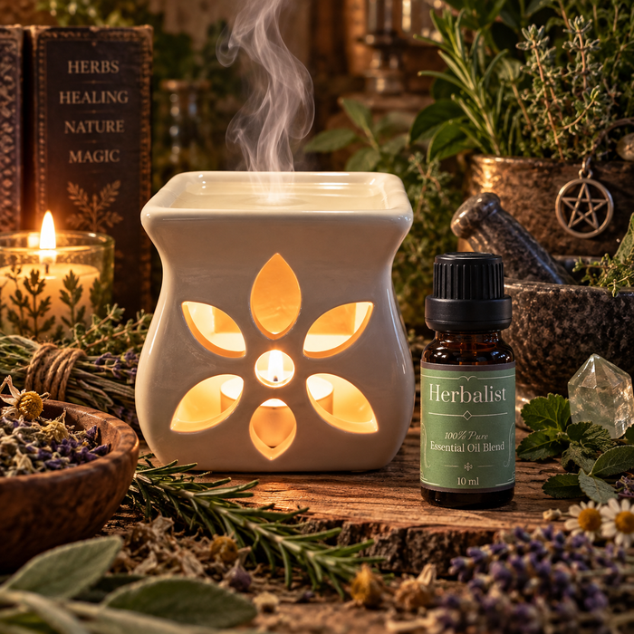 Herbalist witchy diffuser blend alongside an essential oil burner on a wooden surface with chamomile, lavender, rosemary and sage with a candle and stacked books in the background