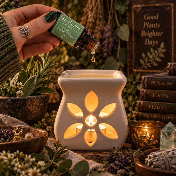 Herbalist witchy diffuser blend being poured into an essential oil burner on a wooden surface with chamomile, lavender, rosemary and sage with stacked books in the background