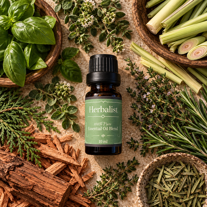Herbalist witchy diffuser blend on a light brown surface surrounded by chamomile, lavender, rosemary and sage