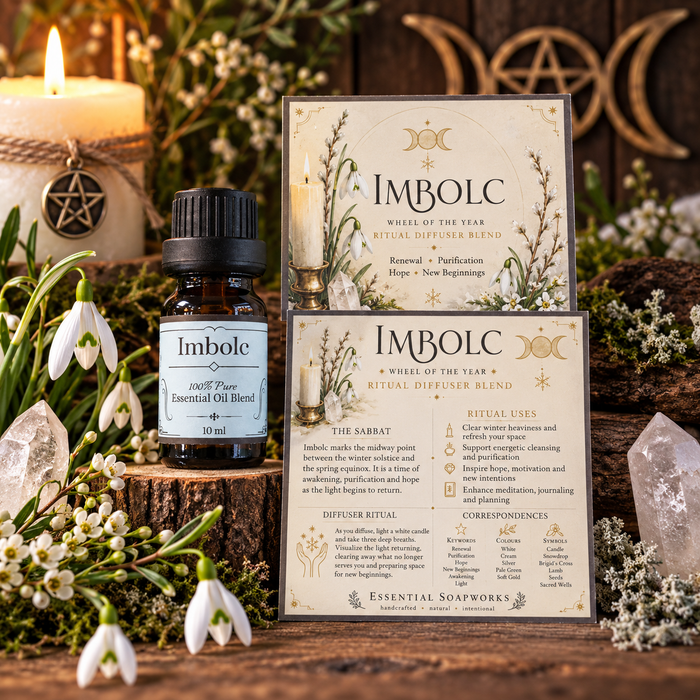 A bottle of Imbolic 100% Pure Essential Oil Blend next to its printed packaging card and a matching diffuser card, styled with a lit candle, snowdrop flowers, and a wooden surface in a warm, mystical setting.