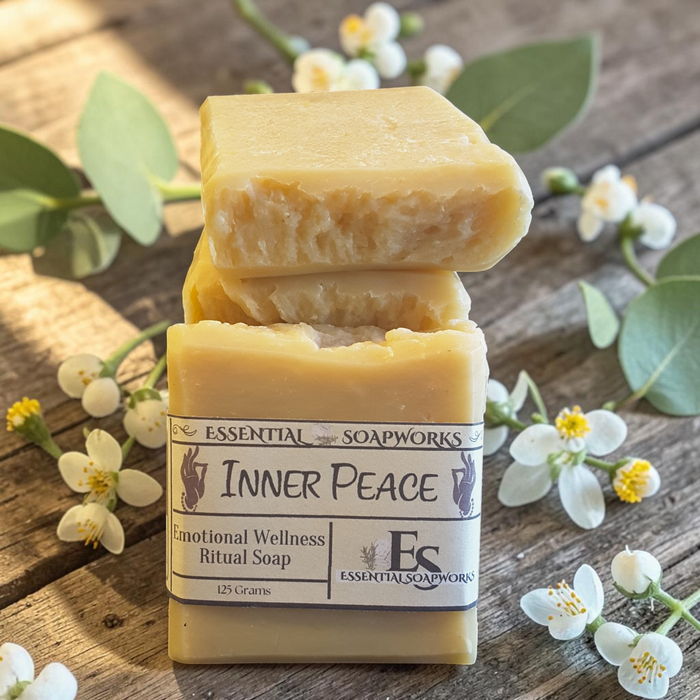 Inner Peace Emotional Wellness Soap on a wooden surface with white flowers and candles in the background.
