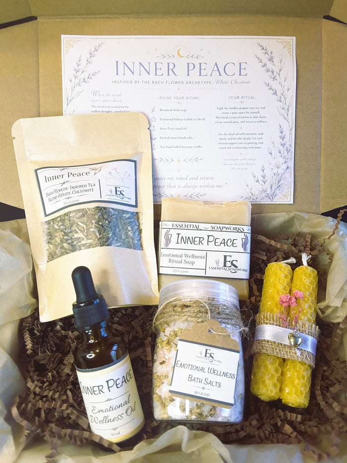 Inner Peace Emotional Balance Ritual Kit including candles, bath salts, tea and soap in a box.