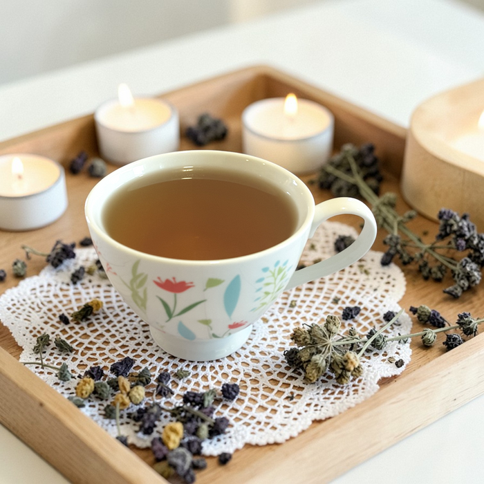 Inner Peace wellness tea on a wooden tray with dried herbs and candles