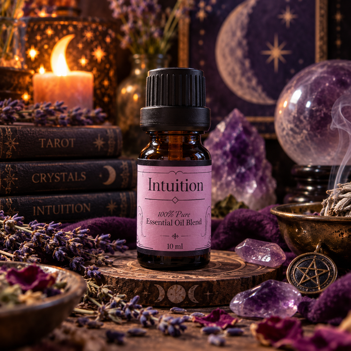 Intuition witchy diffuser blend on a wooden surface with lavender and amethyst crystals with a crystal ball, candle and stack of books in the background