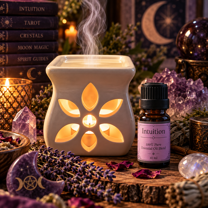 Intuition witchy diffuser blend with an essential oil burner on a wooden surface with lavender and amethyst crystals, candle and stack of books in the background