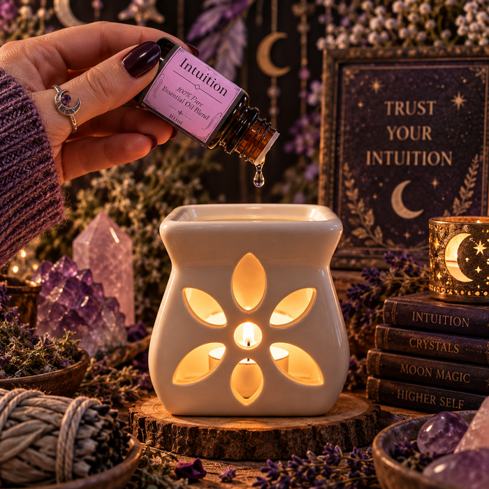 Intuition witchy diffuser blend being poured into an essential oil burner on a wooden surface with lavender and amethyst crystals with a crystal ball, candle and stack of books in the background