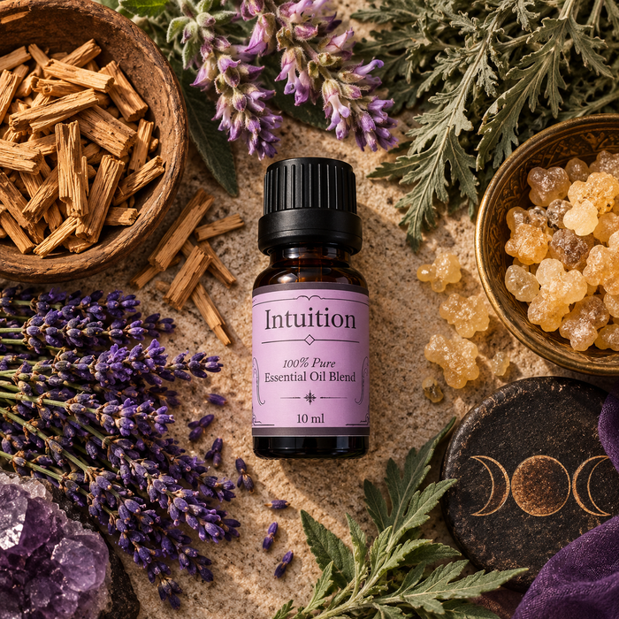 Intuition witchy diffuser blend on a tan surface surrounded by lavender, frankincense resin and mugwort