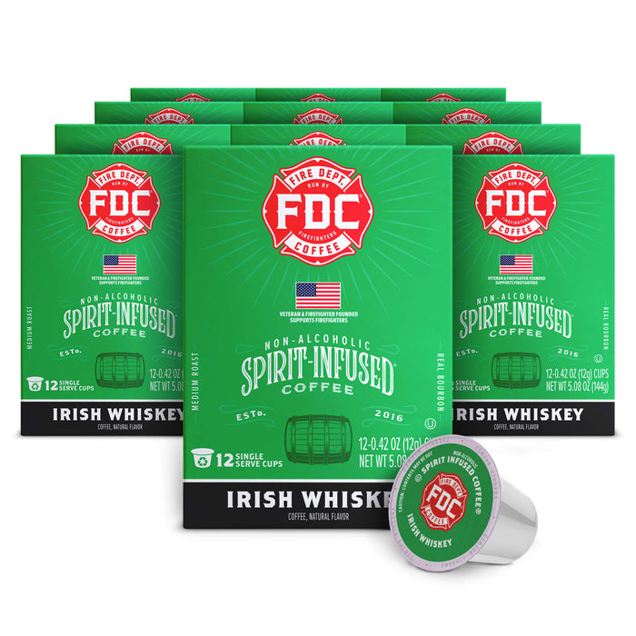 Multiple packages of FDC Irish Whiskey coffee on a white background
