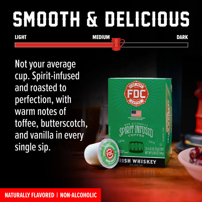 FDC Irish Whiskey coffee pods and box on a dark wooden surface with a red and black promotional background. The image includes text describing the coffee as spirit-infused and roasted to perfection, with a slider graphic labeled Light, Medium, and Dark.