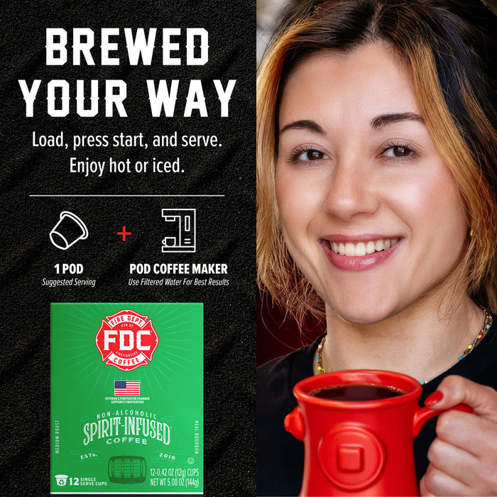 A promotional graphic for an FDC Brewing Company pod coffee maker. The left side has a black background with white text reading 'BREWED YOUR WAY' and product callouts, including a green box of FDC Spirit Infused Coffee.