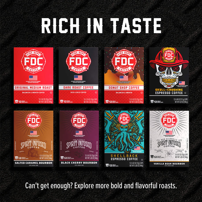 A promotional graphic for FDC Coffee Roasters showing eight different coffee roast boxes arranged in a 2x4 grid on a black textured background, with the headline 'RICH IN TASTE' at the top and a tagline at the bottom.
