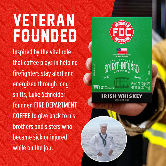 A hand holds a green and black box of FOC Fire Department Irish Whiskey coffee against a red promotional background with white text about veteran funding for firefighters. A small circular photo of a man in a sailor uniform appears at the bottom.