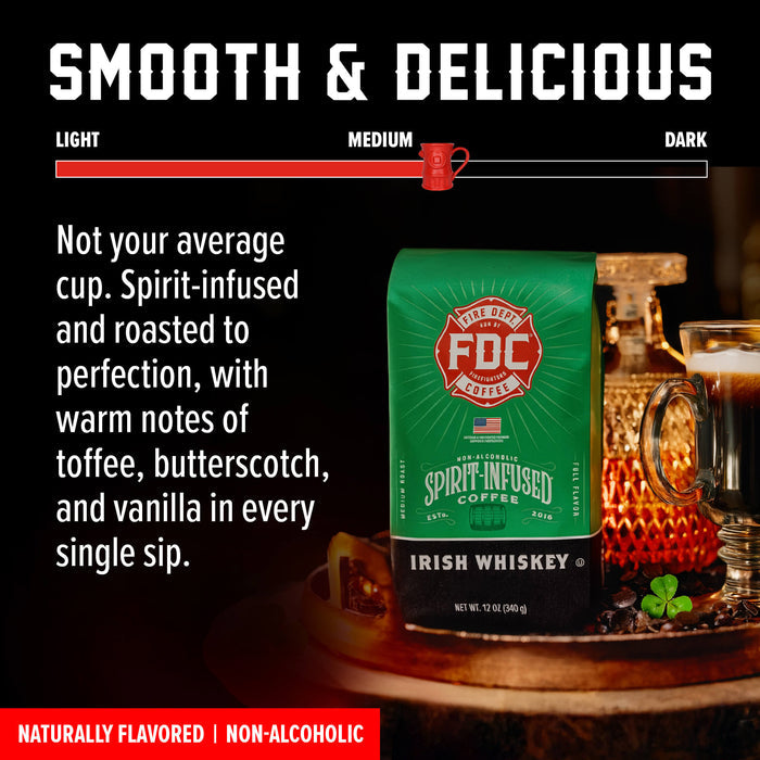 A bag of FDC Coffee Irish Whiskey Spirit-Infused Coffee is featured on a dark, styled background with a glass of coffee, a decorative pitcher, and a progress bar labeled Light, Medium, and Dark. The bag is green and black with a red FDC logo.