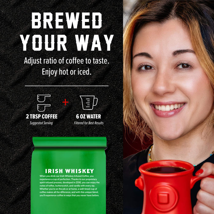 Promotional graphic for a coffee bag. The left side has a black background with white text reading 'BREWED YOUR WAY' and product details for 'IRISH WHISKEY' coffee, including serving ratios and a green bag illustration.