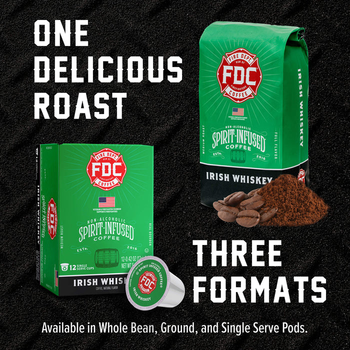 FDC Recreation Irish Whiskey Spirit Infused Coffee shown in a green whole bean bag, a matching green box, and a single green coffee pod on a black textured background, with large white text reading 'ONE DELICIOUS ROAST' and 'THREE FORMATS'.