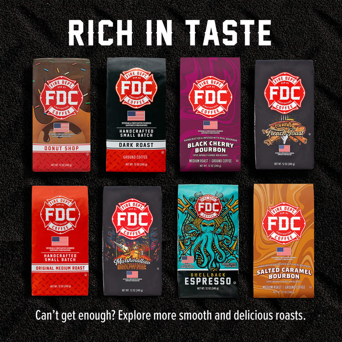 Eight FDC Coffee Roasters coffee bags arranged in a 2x4 grid on a black textured background, with the text 'RICH IN TASTE' at the top and 'Can't get enough? Explore more smooth and delicious roasts.' at the bottom.