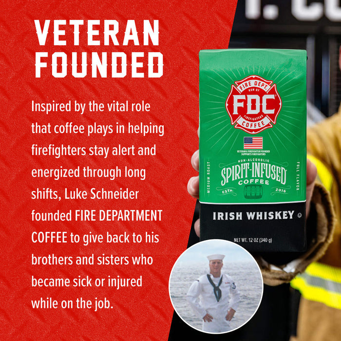 A hand holds a green and black bag of FDC Spirit Infused Coffee Irish Whiskey against a red graphic background with white text reading 'VETERAN FOUNDED' and a circular photo inset of a man in a white uniform.