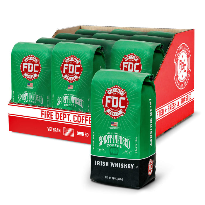 Display of FDC Coffee bags with Irish Whiskey flavor in a red and green packaging.